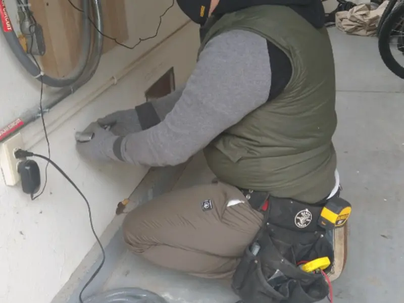 Electrician performing outlet wiring in a West Long Branch garage